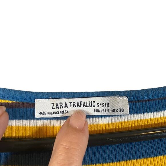 Zara Blue & Yellow Multicolor Striped Short Sleeve Cropped Top Women Sz L - Picture 5 of 7